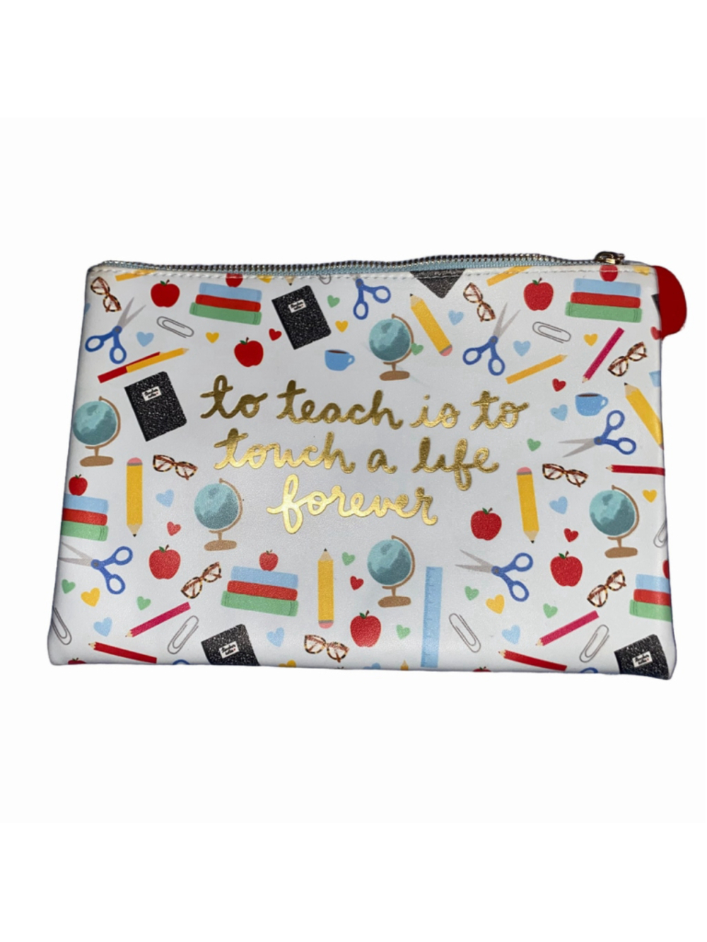 Women's Teacher Themed Stationary or Cosmetic Bag, White and Blue